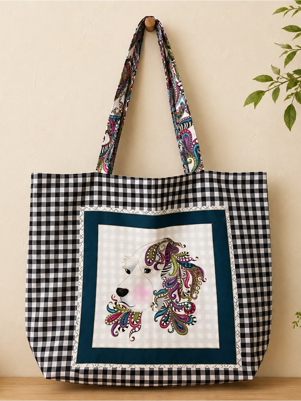 Handmade Dog Lover Tote Bag Gingham Paisley Cottagecore Large 16x18